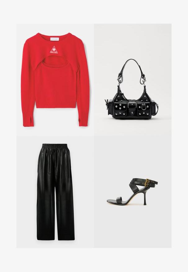 Punane kootud sviiter, millel on ainulaadne lõikekujundus, ribitud varrukad ja kolmnurkne valge logo rinnal. Kohandatud ääre ja avatud külgedega.; Mustad nahast laiade säärega püksid elastse vöökohtaga, millel on kaks küljetaskut ja sile, läikiv pind.; Mustad mustand koos ristatud rihmade ja reguleeritava pandlaga. Omab siledat tekstuuri ja kitsenevat stiletto kontsa.; Must värvi nahast käekott, millel on kaarjas disain, hõbedased nupukesed, kinnitusahe ja kaks külgtaskut. Reguleeritav rihm erinevate kandmisvõimaluste jaoks.