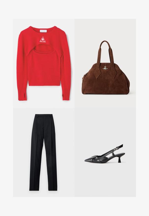 Raudonas megztinis su unikalia iškirpimo dizaino, raukiniais rankogaliais ir trikampiu baltu logotipu ant krūtinės. Su reguliuojama apatine dalimi ir atvirais šonais.; Juodos kelnės iš lygaus audinio, pasižyminčios aukštu liemeniu, plačiomis kojomis, priekinėmis klostėmis ir klasikiais diržo kilpomis. Šoninių kišenių nematyti.; Juodas odinis slingback tipo batai su smailiu priekiniu atvartu, dekoratyvinėmis sagtimis su metaliniais akyčiais ir žemu blokiniu kulnu. Saldus paviršius.; Ruda zomšo rankinė su struktūrine forma, apvaliu kūnu ir pailgom rombo formos rankenom. Yra sidabro spalvos uždarymo mechanizmas.