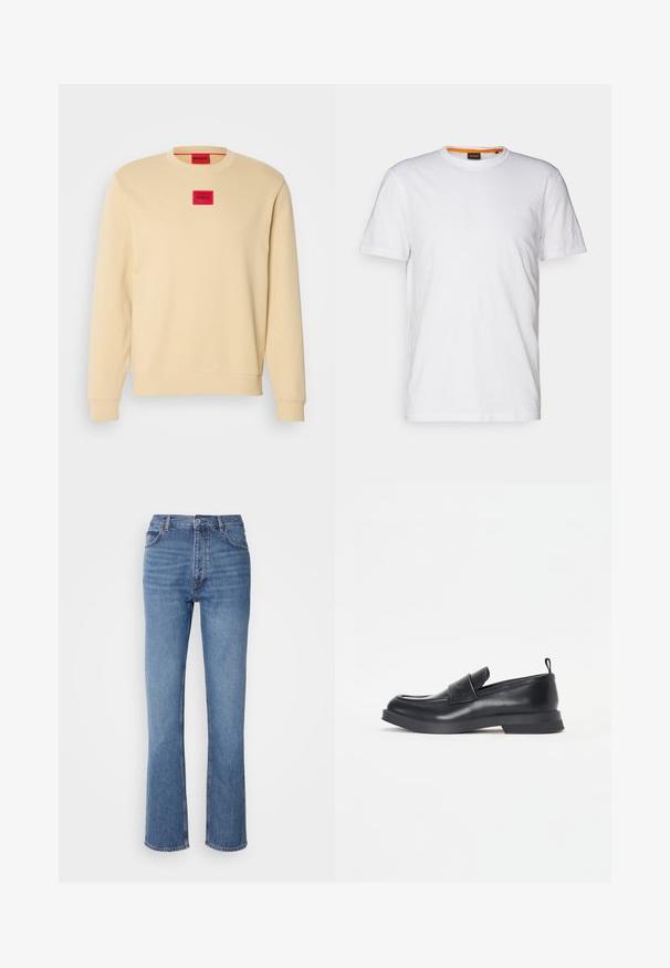Felpa crewneck in cotone beige chiaro. Presenta un patch logo rosso a forma di quadrato sul petto e polsini e orlo a coste. Texture liscia.; T-shirt bianco in cotone con collo rotondo, maniche corte e un logo a rilievo discreto sul petto. L'etichetta interna ha un accento arancione.; Jeans in denim blu con vita alta, design a gamba dritta e leggera sbiaditura. Presentano il classico stile a cinque tasche e chiusura con zip.; Mocassini in pelle nera con punta arrotondata, dettaglio della fascia frontale e suola in gomma bassa. Presentano cuciture sottili e un'apertura sul tallone.