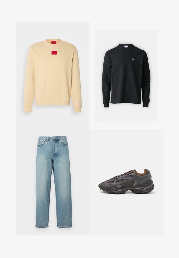 Crewneck sweatshirt in lichtbeige katoen. Kenmerkt zich door een rood vierkant logo-oppatch op de borst en ribgebreide manchetten en zoom. Gladde textuur.; Zwarte longsleeve t-shirt van katoen, met een ronde halslijn en een klein groen geborduurd krokodillenlogo op de linkerborst.; Lichtblauwe denim jeans met een losse pasvorm, rechte pijpen, een vijfzakkenontwerp en een knoopsluiting bij de taille. Minimalistische stikdetails.; Lacoste sneakers in donkergrijs van mesh en synthetisch materiaal, met een gestructureerde zool en bruine accenten op de kraag en branding.