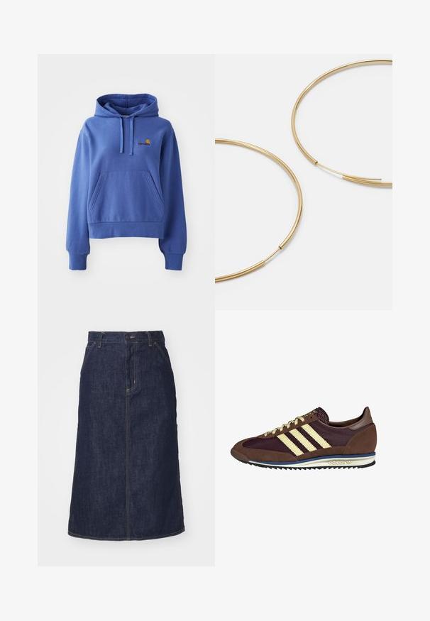 Felpa con cappuccio blu realizzata in misto cotone, dotata di tasca frontale, polsini e orlo a coste, con logo ricamato sul petto.; Gonna di jeans scuro con vita alta, taglio dritto, tasche frontali e cuciture a vista. Presenta una chiusura con zip e bottone in vita.; Sneaker marrone e bordeaux realizzato in materiali scamosciati e in rete, caratterizzato da tre strisce color crema, tessuto testurizzato sulla linguetta e suola in gomma.; Orecchini a cerchio color oro, sottili e rotondi, con una finitura metallica liscia e senza decorazioni o motivi.