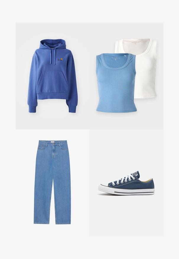 Blauwe hoodie gemaakt van een katoenmix, met een voorzak, ribgebreide manchetten en onderkant, en een op de borst geborduurd logo.; Twee geribde tanktops: een lichtblauw en een wit. Beide hebben een ronde halslijn en een aansluitende pasvorm, die de textuur van de stof benadrukt.; Lichtblauwe denim jeans met een rechte pasvorm, vijf-pocket ontwerp, enkele knoopsluiting en subtiele stikseldetails op de naden.; Canvas sneaker in marineblauw met witte oogjes en veters, voorzien van een witte rubberen neuskap en een zwarte streep langs de zool.