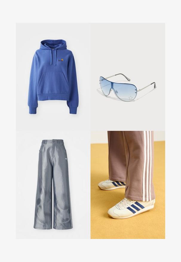 Sininen huppari, joka on valmistettu puuvilla-sekoitteesta. Hupparissa on edessä tasku, ribbaatut hihansuut ja helma, sekä logo brodeerattuna rintaan.; Housut leveillä lahkeilla kiiltävässä harmaassa materiaalissa, valkoisilla sivuviivoilla ja liekkikuvioilla alaosassa. Napin ja vetskarin suljenta vyötäröllä.; Kreemi kengät sinisillä mokkanahka raidoilla, valkoisilla nauhoilla ja kumipohjalla. Yhdistetty harmaisiin verkkareihin, joissa on valkoiset sivuraidat.; Aviator-mallin aurinkolasit, jotka ovat varustettu gradienttisilla sinisillä linsseillä, hopeisella metallikehyksellä ja koristeellisilla tähtikoristeilla linsseissä. Joustava ja viehättävä muotoilu.