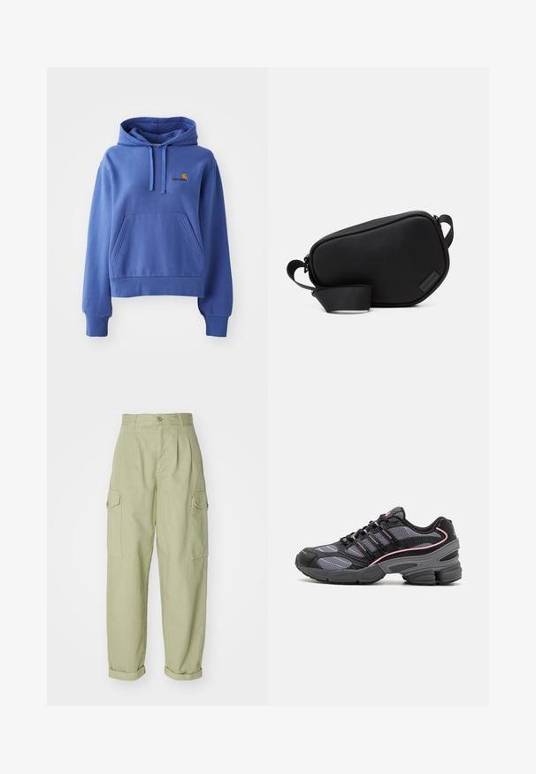 Modra kapuca s puloverjem iz mešanice bombaža, z žepom na sprednji strani, rebrastimi manšetami in robom, ter izvezenim logotipom na prsih.; Svetlozeleni cargo hlače iz bombažnega blaga. Imajo visok pas, zavihane manšete in dva stranska cargo žepa za dodatno uporabnost.; Črne in sivo atletske čevlje z mrežastimi paneli, roza akcentnimi črtami in masivnim dizajnom podplata. Imajo vezalke in teksturirane podrobnosti materiala.; Črni nahrbtnik za čez ramo z zadrgo je izdelan iz gladkega materiala, ima raven obliko, en trak in majhen logotip. Minimalističen dizajn.
