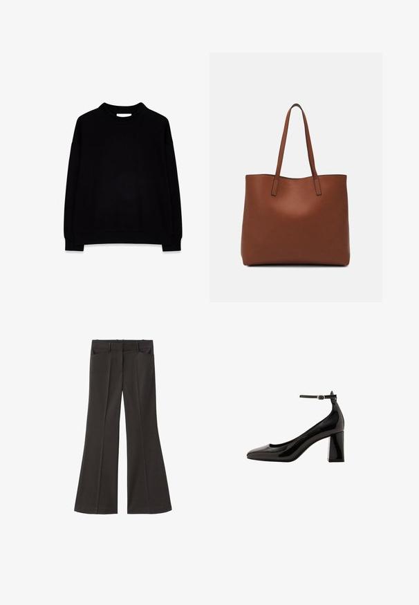 Felpa nera realizzata in tessuto morbido, con collo alto, maniche lunghe e polsini a coste all'orlo, con un design semplice e senza fantasie.; Pantaloni neri a zampa d'elefante con vita alta; presentano due tasche frontali e una texture del tessuto liscia. Adatti per varie occasioni.; Décolleté neri in vernice con cinturino alla caviglia, finitura lucida, punta affusolata e tacco a blocco spesso. Texture liscia, dettagli minimi.; Borsa tote in pelle marrone con texture liscia, design con apertura superiore e due spallacci. Presenta cuciture minime e nessun hardware visibile.