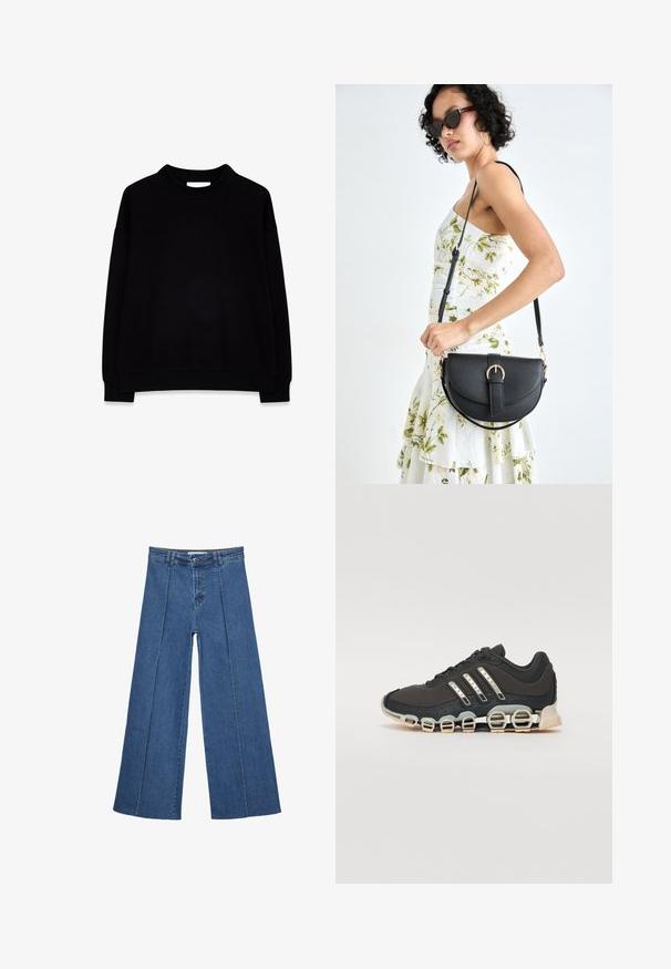 Čierna mikina vyrobená z mäkkej textílie, s vysokým golierom, dlhými rukávmi a rebrovanými manžetami na leme, s jednoduchým dizajnom a bez vzorov.; Rovné džínsy s širokými nohavicami v strednom modrom odtieni, so zvýšeným pásom, zapínaním na gombík a kontrastnými vertikálnymi švami pozdĺž prednej strany.; Čierna športová obuv s textúrovaným zvrškom, tromi striebornými pruhmi a charakteristickou podošvou s viacerými integrovanými sekciami.; Čierna kožená kabelka s zaobleným tvarom, odnímateľným popruhom a zlatými doplnkami. Kabelka má klopu s detailom s prackou.