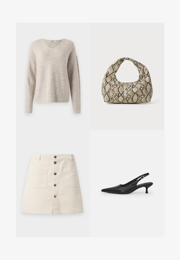 Bežs adīts džemperis ar V veida kaklu, garām piedurknēm un brīvu piegriezumu. Iezīmēta teksturēta ribu raksts. Zīmola uzlīme redzama kakla iekšpusē.; Bēša korduroja mini svārki ar priekšējo pogu aizdari, divām lielām kabatām un jostas cilpiņām jostasvietā.; Melnas ādas slīdošās kurpes ar norādītu pirkstu un šauru, izliekta papēdi. Ar diskrētu regulējamu siksniņu ar metāla sprādzi.; Čūsku raksta soma ar izliekto rokturi. Izgatavota no teksturētiem, bēšiem un brūniem materiāliem, ar izteiksmīgu dimanta rakstu.