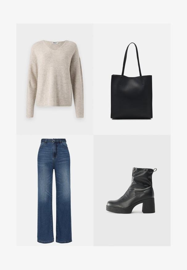 Bežani pleteni pulover s V-izrezom, dugim rukavima i opuštenim krojem. Ima teksturirani rebrasti uzorak. Oznaka branda vidljiva unutar izreza.; Široke plave traperice visokog struka, s dva metalna kopčanja, suptilnim izbljeđivanjem i standardnim dizajnom s pet džepova.; Crne gležnjače od glatke kože, s bočnim zatvaračem, debelim teksturiranim potplatom i dizajnom s zaobljenim prstima.; Crna kožna torba za nošenje s glatkom teksturom, pravokutnim oblikom i dvije duge ručke. Nema vidljivih metalnih dijelova ili ukrasa.