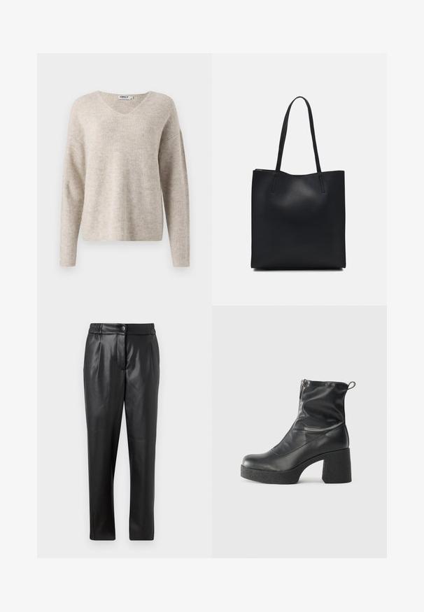 Šviesiai rudos megztinis su V formos iškirpte, ilgomis rankovėmis ir laisvu siluetu. Pasižymi tekstūruota raukšlėta struktūra. Prekės ženklas matomas iškirptės viduje.; Juodos odinės kelnės su lygiu paviršiumi, tiesiu siluetu, elastinga juosta ir priekyje uždaroma mygtuku; raukiniai ir siaurėjantys kelnių šlaunys.; Juodos kulkšninių botai, pagaminti iš lygaus odos, su šoniniu užtrauktuku, masyviu tekstūruotu kulnu ir apvaliu pirštu.; Juodas odinis tote krepšys su lygia tekstūra, stačiakampio formos ir dviem ilgais rankenomis. Matomų metalinių detalių ar puošybos nėra.