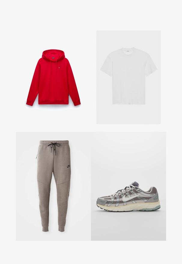 Röd huvtröja med kenguruficka, ribbade ärmslut och nederkant, samt en liten broderad logotyp på bröstet. Slät tygtextur.; Vit bomulls t-shirt med korta ärmar, rund halsringning och avslappnad passform. Slät textur och inga synliga mönster eller detaljer.; Grå Nike sweatpants med dragsko i midjan, avsmalnande ben, sidofickor och tydlig sömdekoration. Mjuk, strukturerad tyg.; Grå atletiska sko med en överdel av mesh och mocka, vita accenter, en vadderad sula och en unik design med reflekterande element.