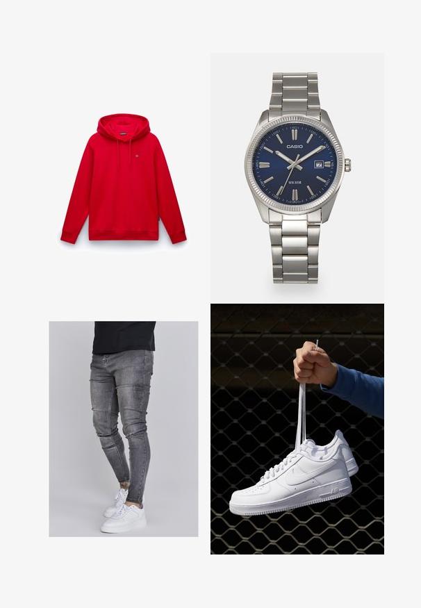 Rode hoodie met een kangoeroe zak, ribbelmanchetten en -zoom, en een klein geborduurd logo op de borst. Glad stofoppervlak.; Skinny jeans in vervaagd grijs denim, met versleten details op de knieën, gecombineerd met witte sneakers. Gladde textuur, slank model.; Witte leren sneakers met perforaties, ronde neus, vlakke zool en dikke veters, met een zichtbare swoosh-logo en "AIR" op de hiel.; Zilveren roestvrijstalen horloge met een marineblauwe wijzerplaat, metalen uurmarkeringen en een datumnis op 3 uur. Waterbestendig tot 50 meter.