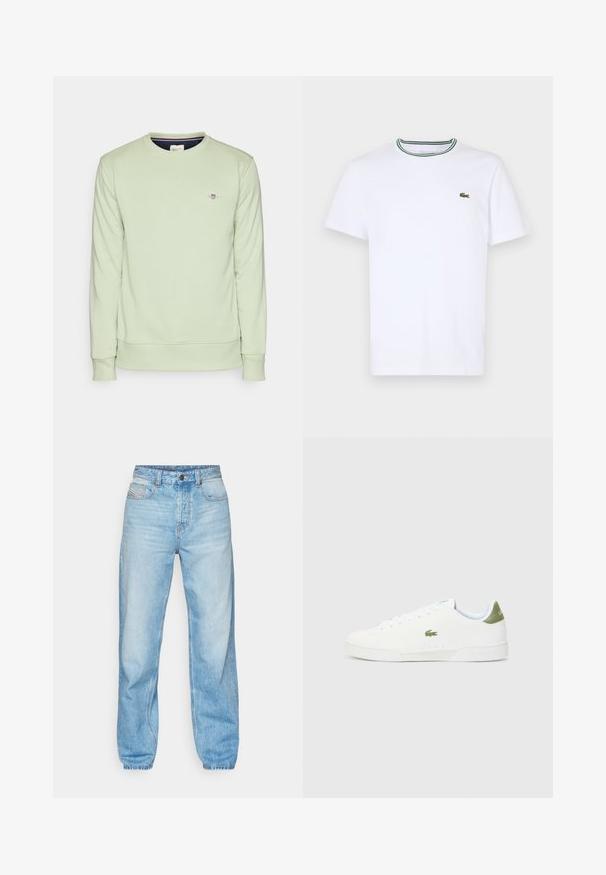 Lichtgroene sweatshirt met lange mouwen, ribgebreide manchetten en zoom. Heeft een klein geborduurd logo op de borst. Zachte textuur.; Witte katoen T-shirt met korte mouwen en een geribde kraag met groene en zwarte strepen; klein groen geborduurd logo op de linkerborst.; Lichtblauwe jeans van denim, met een rechte pasvorm, vijf zakken en een zichtbare gulp met contrasterende stiksels.; Witte sneakers met een gladde textuur, voorzien van een groene accent bij de hiel en een klein geborduurd krokodillenlogo aan de zijkant.