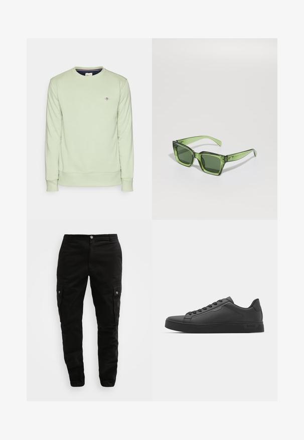 Light green sweatshirt with long sleeves, ribbed cuffs, and hem. Features a small embroidered logo on the chest. Soft texture.; Black cargo pants made of durable fabric, featuring side pockets, a button closure, and a slim fit design. Smooth texture with minimal detailing.; Black sneaker with smooth synthetic upper, round toe, flat laces, and a ribbed rubber sole. Minimalist design, featuring stitched accents.; Green rectangular sunglasses with solid dark lenses, thick transparent frames, and a slight glossy finish. Accents on the temples.