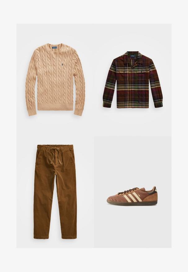 Beige kabelstrikket genser med rund hals, ribbestrikkede mansjetter og hem, med en liten blå logo på brystet. Myk tekstur.; Rutete langermet skjorte i mørkebrunt, med grønne, lilla og oransje striper, to brystlommer og krage med knapper.; Brune cordfløyelsbukser med elastisk midje og snøring, sidelommer og rette ben med strukturert ribbing.; adidas Originals SAMBA UNISEX - Joggesko - preloved brown/sand strata/dark brown