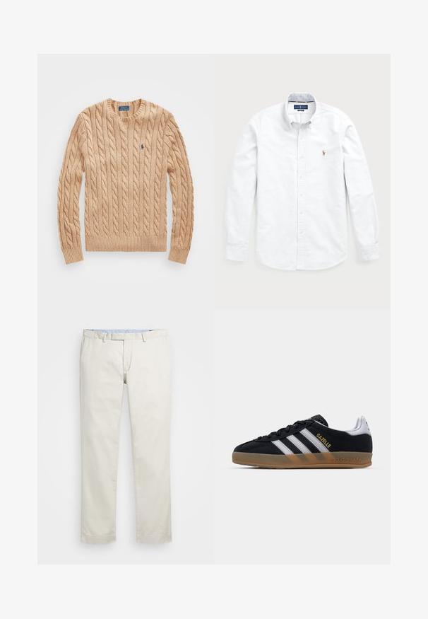 Beige neulepusero, jossa on pyöreä kaula-aukko, ribbaus hihansuissa ja helmassa, ja joka sisältää pienen sinisen logon rinnassa. Pehmeä rakenne.; Valkoinen pitkähihaista nappipaitaa, joka on valmistettu puuvillasta. Ominaisuuksiin kuuluu avara kaulus, nappisulku ja pieni brodeerattu logo rinnassa.; Beige puuvillachinohousut litteällä edessä, vyölenkeillä ja sivutaskuilla. Suora lahjamuoto, jossa on sileä pinta ja kevyt, hengittävä tunne.; Mustat mokkasiinit valkoisilla raidoilla, vaaleanruskea kumipohja ja kultainen 'Gazelle' -logo. Klassinen matala design, jossa on teksturoitu pinta.