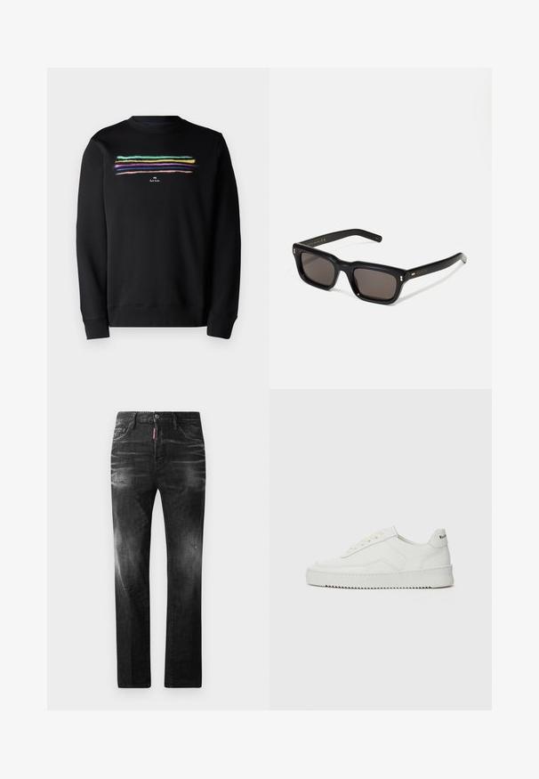 PS Paul Smith ZEBRA - Športni pulover - black; Črne jeans hlače s ravnim krojem. Imajo zbledela mesta, manjše obrabe, klasičen petnajstni žepni dizajn in gumbasto zapiranje.; Bela usnjena športna obutev z gladko površino, okroglo prst, ravne vezalke in teksturiran podplat. Ima diskretno logo na peti.; Črne pravokotne sončna očala s temnimi lečami, debelim plastičnim okvirjem, zlatimi detajli na templjih in izgravirano blagovno znamko na ročaju.