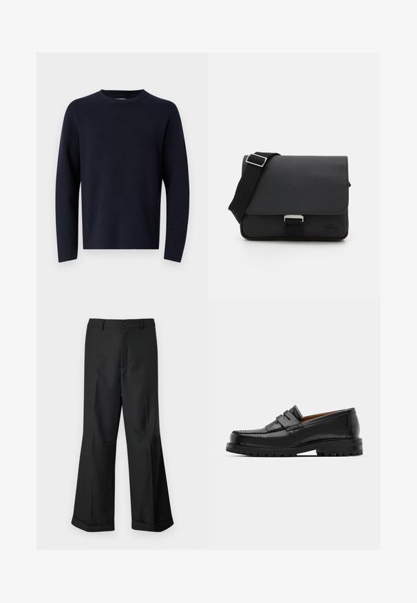 Navy blue sweater, crew neck, long sleeves, made of soft fabric with a smooth texture. Simple design, no visible patterns or hardware.; Black wide-leg trousers with buttoned waistband and cuffed hems, displayed against a plain white background.; Black leather loafers feature a raised seam, two decorative straps on the upper, and a thick textured sole for added grip.; Black messenger bag made of textured material with a flap closure, adjustable strap, and metal hardware. Features a logo detail on the front.