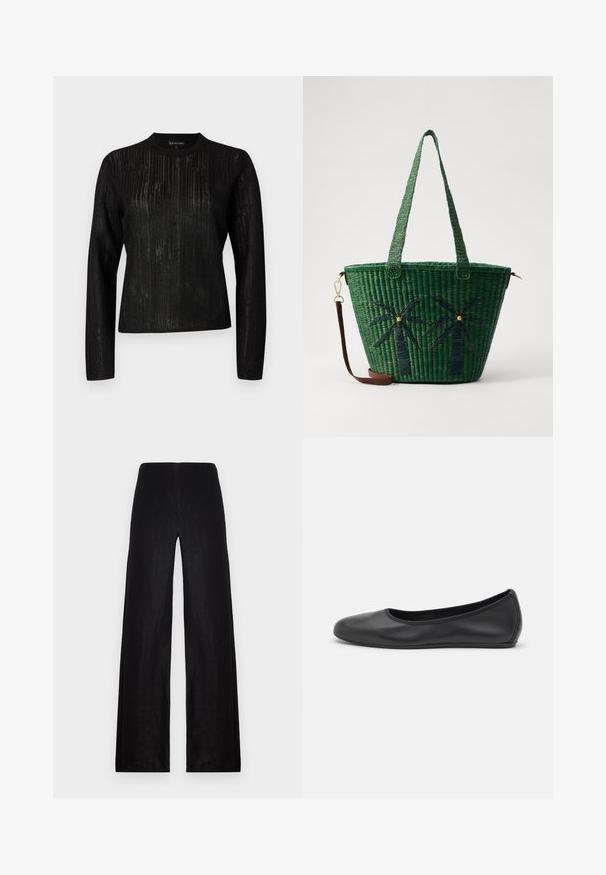 Fekete, hosszú ujjú póló, texturált csíkos mintával. Kerek nyakkivágással és egyenes szabással, könnyű, enyhén átlátszó anyagból készült.; Fekete, bő szárú nadrág könnyű anyagból. Jellemzője a magas derék, sima textúra és a letisztult vonalak, zsebek vagy díszítések nélkül.; Fekete bőr balettcipő lekerekített orral, sima tekstúrával, minimális varrással és rugalmas talp kialakítással.; Zöld, pálmafával díszített, szőtt bevásárlótáska sötétebb zöld színben; két fogantyúval és levehető barna bőrpánttal rendelkezik.