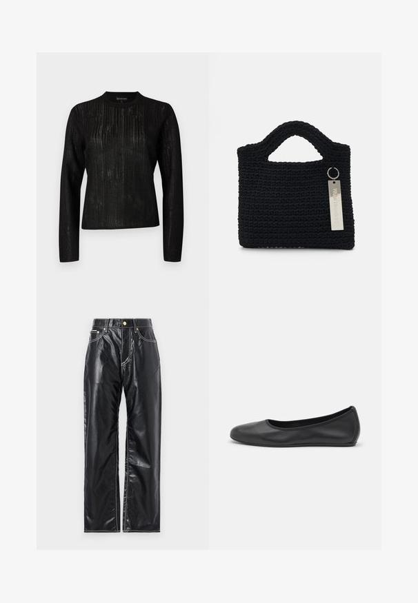 Schwarzes Langarmshirt mit strukturiertem Streifenmuster. Runder Halsausschnitt und gerade Passform, aus leichtem, leicht transparentem Stoff gefertigt.; Schwarze Kunstlederhosen mit weitem Schnitt, ausgestattet mit weißen Nähten, frontalen Taschen und einem goldenen Knopf am Bund.; Schwarze Leder-Ballettschuhe mit abgerundeter Spitze, glatter Textur, minimalen Nähdetails und einem flexiblen Sohlen-Design.; Won Hundred MARSIELLE COMPUTER BAG UNISEX - Notebooktasche - black