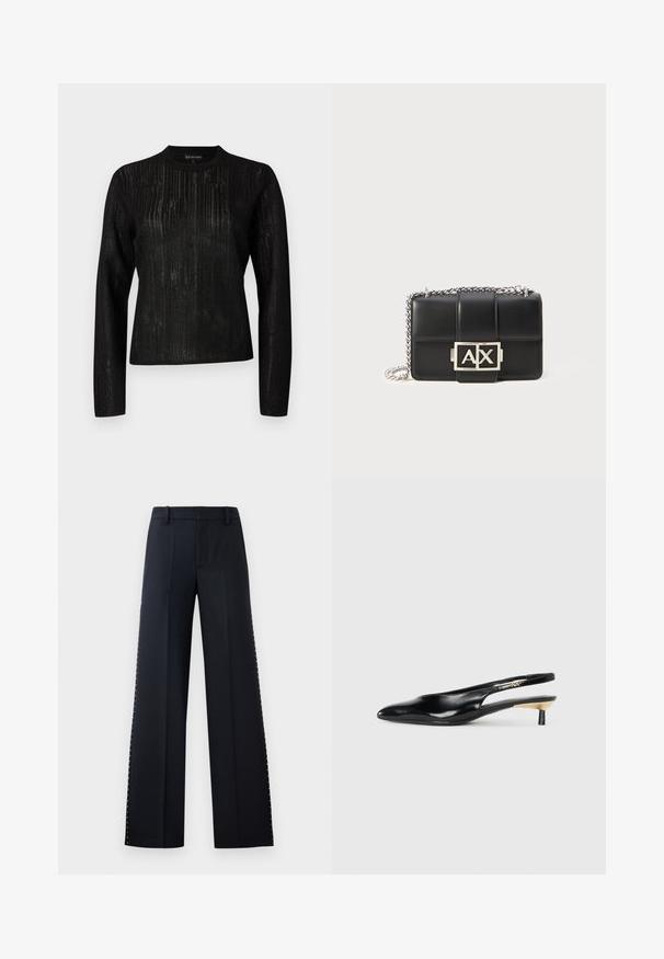 Juoda ilgomis rankovėmis marškinėliai su tekstūriniu dryžuotu raštu. Apvalus iškirpimas ir tiesus siluetas, pagaminti iš lengvos, šiek tiek permatomos medžiagos.; Juodos plačios kojos kelnės. Priklausantis pritaikytam stiliui su lygiu paviršiumi. Papildyta metaliniais kaliukais šoninėse siūlėse kaip detalė.; Juodos slingback aukštakulniai su pailgu pirštu, blizgi odinė apdaila ir mažas kulnas su auksiniu akcentu. Išmanus dizainas su atviru nugara.; Juodas odinis rankinukas su siuvinėtu raštu, sidabriniu grandinės dirželiu ir ryškiu sidabriniu "AX" logotipu priekyje. Kompaktiška stačiakampio formos.