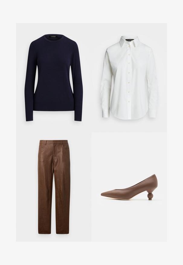 Granatowy sweter dzianinowy z okrągłym dekoltem, długimi rękawami, ściągaczami przy mankietach i u dołu, o gładkiej fakturze i dopasowanym kroju.; Biała, długowiedziałowa koszula z guzikami, wykonana z bawełny. Posiada klasyczny kołnierzyk, siedem guzików oraz subtelne logo haftowane na piersi.; Brązowe skórzane spodnie o gładkiej fakturze, z prostym krojem nogawki i dwoma bocznymi kieszeniami. Posiada widoczne detale szwów.; Brązowy skórzany czółenek o spiczastym nosku z unikalnym zaokrąglonym obcasem. Gładka tekstura, elegancki design i minimalistyczne detale.