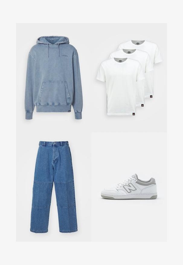 Svetlomodrá mikina s kapucňou vyrobená z mäkkej tkaniny, s prednou kapsou, kapucňou so šnúrkami a nenápadným logom na hrudi. Voľný strih.; Tri obyčajné biele bavlnené tričká s krátkym rukávom. Každé tričko má okrúhly výstrih a malú čiernu nálepku s logom na ľavej strane.; Svetlomodré denimové nohavice s uvoľneným strihom, s dvoma odlišnými panelmi látky, predným zapínaním na gombík a širokými nohami.; Biele kožené tenisky so šedými akcentmi, obsahujúce perforovaný špičkový box, ploché šnúrky a vzorovanú podrážku. Logo New Balance na boku.