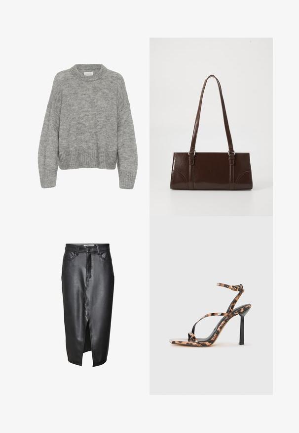 Part Two LULYA - Strickpullover - medium grey melange; Schwarzer Lederrock mit mittellangem Design, ausgestattet mit einem Schlitz vorne, klassischen Gürtelschlaufen und genähten Details entlang der Nähte.; Riemchen-Pumps mit quadratischer Zehenform, die ein Leopardenmuster in Brauntönen und Schwarz auf einer glänzenden Oberfläche zeigen.; Braune Lackleder-Handtasche in rechteckiger Form, mit zwei langen Griffen und subtilen, geschwungenen Akzenten auf der Vorderseite.