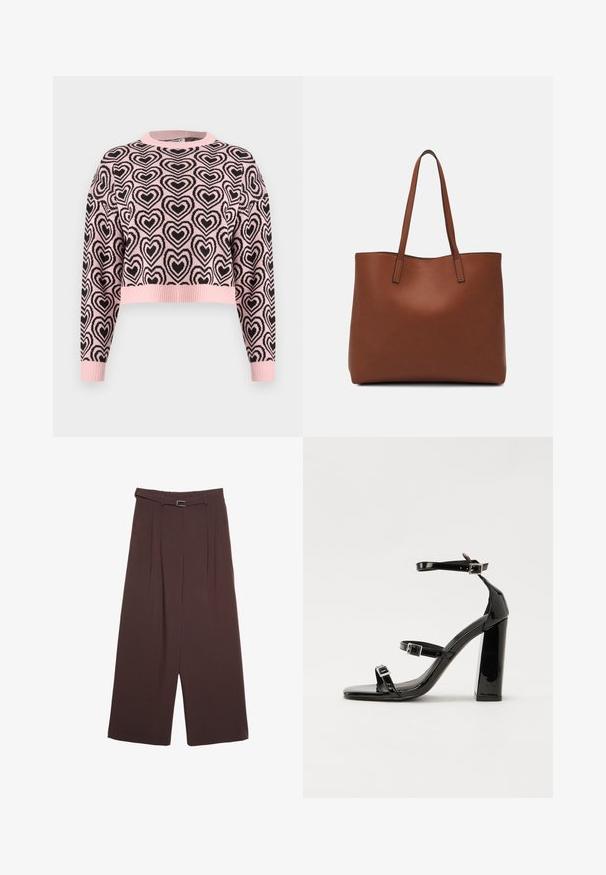 Maglione cropped rosa con motivo a cuore nero, collo rotondo a coste e polsini a coste. Il materiale sembra soffice con una finitura testurizzata.; Stradivarius WIDE-LEG WITH BUCKLE DETAIL - Pantaloni - dark brown; Sandali con tacco in vernice nera, con punta squadrata, cinturini alla caviglia e fibbie in argento. Presentano un tacco a blocco spesso per maggiore stabilità.; Borsa tote in pelle marrone con texture liscia, design con apertura superiore e due spallacci. Presenta cuciture minime e nessun hardware visibile.