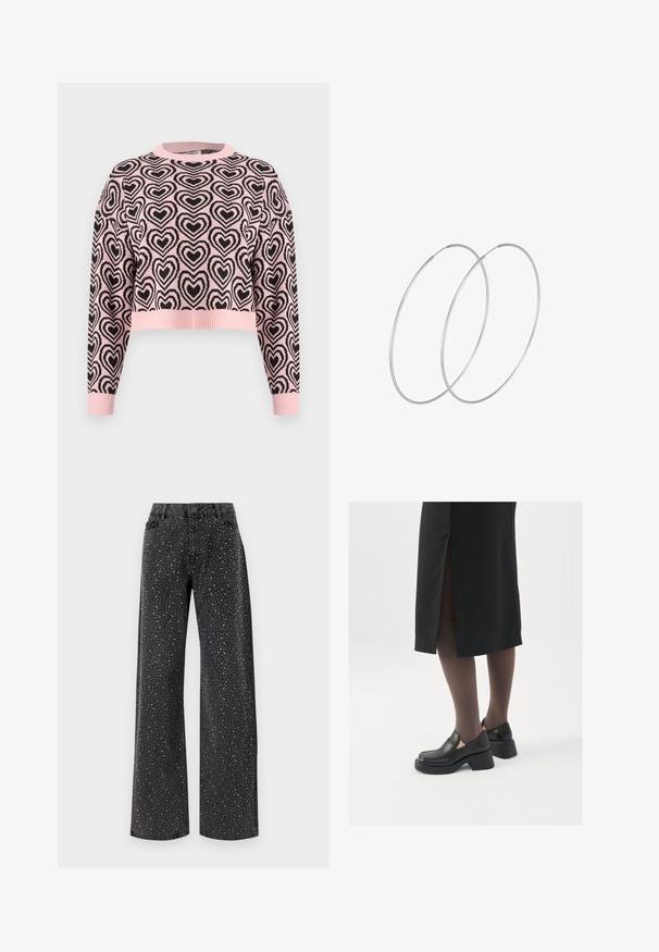 Roza skrajšan pulover z vzorcem črnih src, rebrastim okruglim izrezom in manšetami. Material se zdi mehak z teksturirano površino.; Noisy May NMJANNEL LOOSE - Široke kavbojke - black denim; Črne usnjene čevlje s zaobljenim prstom, debelim blokastim petama in elastičnimi stranskimi detajli, v kombinaciji s temno nogavicami in črno krilo z razporkom.; Srebrne uhane v obliki obroča z minimalističnim dizajnom. Krožna oblika, gladka tekstura in tanek profil. Lahki s poliranim zaključkom.