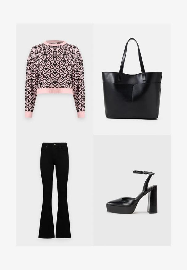 Pink cropped sweater featuring a black heart pattern, ribbed round neckline, and cuffs. Material appears soft with a textured finish.; Black high-waist jeans with a button and zip closure, front pockets, and flared legs laid flat on a white background.; Black platform heels with a pointed toe and adjustable ankle strap. Constructed from smooth leather, featuring a chunky block heel.; Black leather tote bag with two long handles, a smooth texture, and a structured shape. Features a front pocket for additional storage.