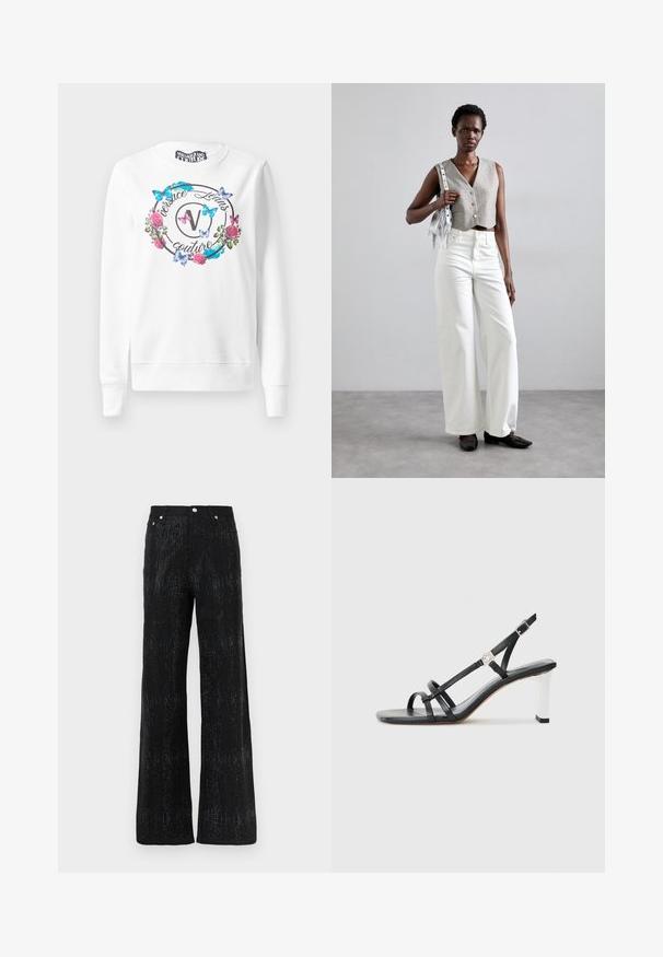 Bílá mikina s kulatým výstřihem, zdobená květinovým a motýlím potiskem kolem loga. Materiál z bavlněné směsi, ribbové manžety na rukávech.; Černé kalhoty s širokými nohavicemi a texturovaným povrchem, zdobené lesklým vzorem. Dokončeny standardním pasem a kovovými knoflíkovými akcenty.; Černé sandály na podpatku s několika úzkými pásky, designem s objímáním paty a stříbrným akcentem na podpatku. Hladký svrchní materiál a čtvercový podpatek.; Šedý zkrácený vest, doplněný bílými širokými džíny a černými plochými botami. Doplňková malá stříbrná kabelka s třásněmi.