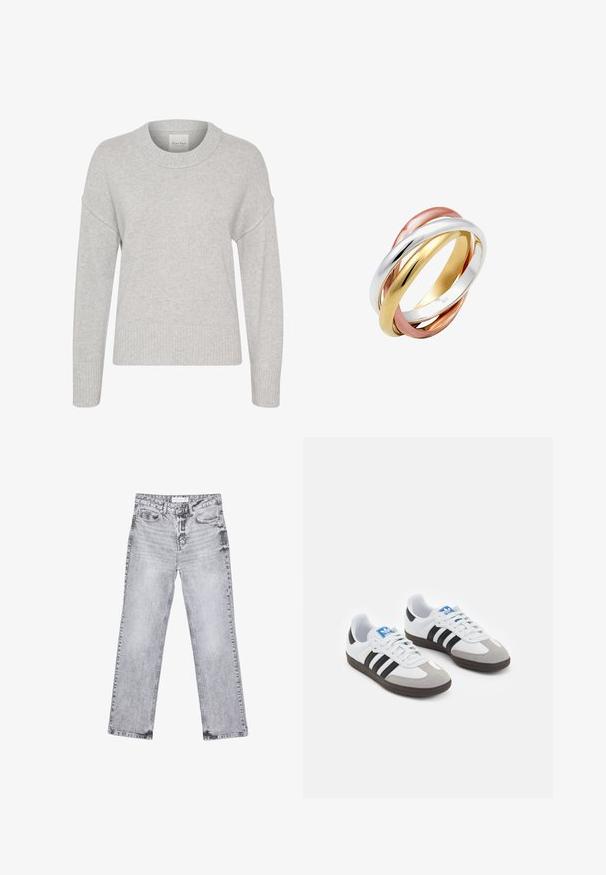 Part Two CHARLENEPW - Neule - light grey melange; Harmaat farkut suoran lahkeen leikkauksella, kulutettu yksityiskohtia, viisi taskua ja kuparinappi. Vyötärönauha sisältää logotagin.; Urheilukengät, joissa on valkoinen nahkainen päällinen, harmaa mokkanokka ja kolme mustaa raitaa. Ominaisuuksina sininen logo kielekkeessä ja kuvioitu kumipohja.; Kolme toisiinsa kytkeytyvää rengasta, jotka on valmistettu kiillotetusta hopeasta, kullasta ja ruusukullasta. Rengastentyyli on sulava, pyöreä ja kiiltävä pinta.