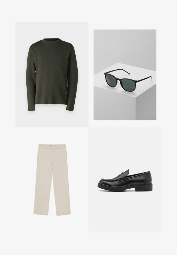 Tumši zaļš džemperis, izgatavots no mīksta dzijas auduma. Apaļš apkakles izgriezums, garas piedurknes un brīva piegriešana ar gludu tekstūru.; Beige plati bikses ar gludu tekstūru, ar jostu cilpiņām, divām priekšējām kabatām un ar rāvējslēdzēja aizdari. Minimālisma dizains.; Melni ādas loafers ar noapaļotu pirkstu, viegli uzvelkami, un biezu gumijas zoli ar teksturētu saķeri. Pacelta papēža un diskrētas šuvju detaļas.; Melnas taisnstūrveida saulesbrilles ar tumši zaļiem stikliem, ar vieglu plastmasas rāmīti un sudraba akcentiem uz tempļiem.; Metāla kvarca pulkstenis ar melnu seju, baltām ciparnīcām un datuma displeju. Aprīkots ar nerūsējošā tērauda siksniņu un ūdensizturību līdz 100 m.