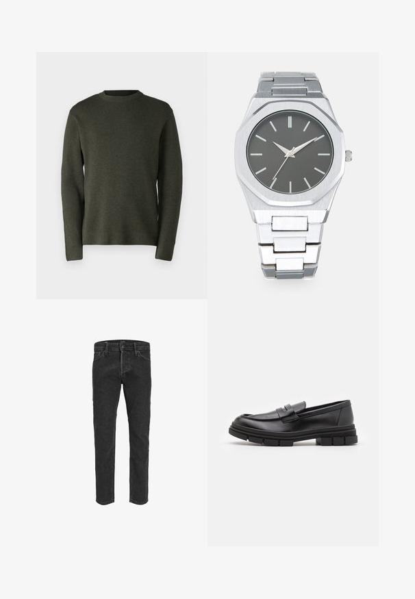 Sötétzöld pulóver, puha kötött anyagból készült. Kerek nyakkivágás, hosszú ujjú és laza fazon, sima tapintással.; Fekete farmernadrág egyenes szár designnal, öt zsebbel és övhurkokkal, enyhén kopott felülettel és eltérő varrásokkal.; Fekete bőr loaferek sima felülettel, elülső pánt részlettel és vastag, bordázott gumitalpakkal.; Ezüst analóg óra nyolcszögletű tokban, szürke számlappal, ezüst órajelzőkkel és rozsdamentes acél link karkötővel. Minimalista design sima felülettel.