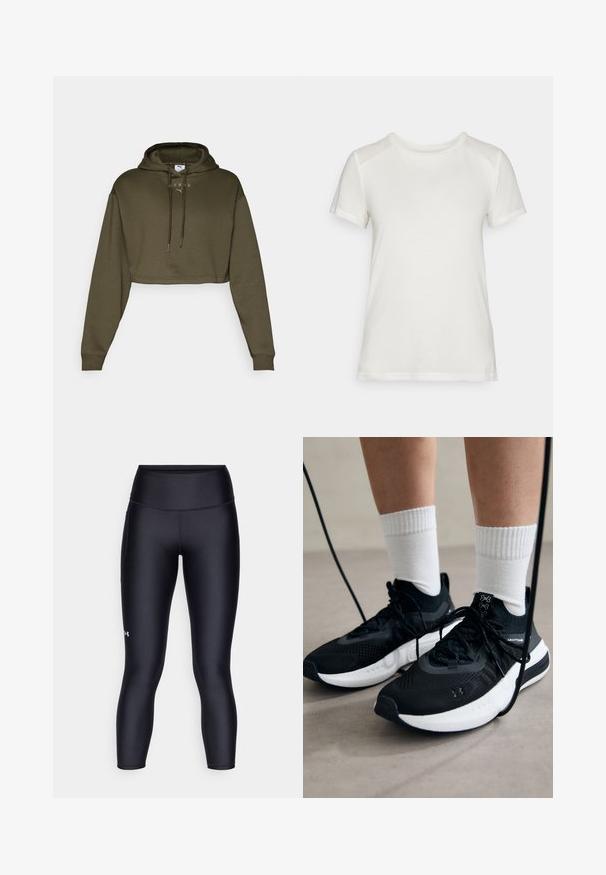 Cropped olive green hoodie with long sleeves, adjustable drawstring hood, and front logo details. Made from soft, textured fabric.; White short-sleeve t-shirt made of soft fabric, featuring a round neckline and a relaxed fit with smooth, seamless shoulder accents.; Black leggings made of smooth, stretchy fabric. High-waisted design with a close fit and a small logo on the left leg.; Black athletic shoes with textured fabric, white sole, and black laces. Worn with white ribbed socks, standing on a light surface.