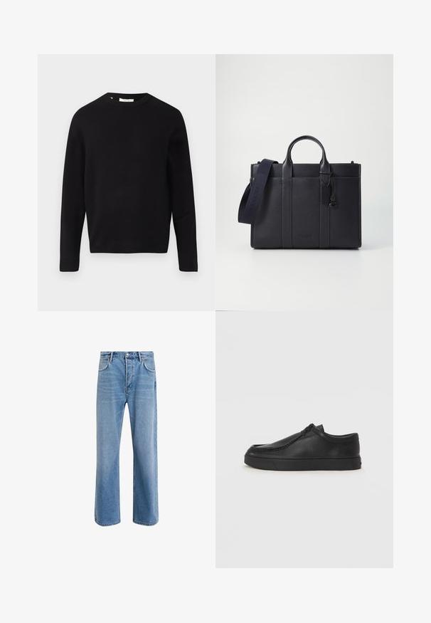 Pulôver preto em malha com decote redondo, mangas longas e corte descontraído. Textura suave, design minimalista, sem padrões ou adornos.; Calças de ganga azul claro com um design de perna reta, cinco bolsos, fecho de botão, desgaste mínimo e detalhes de costura em contraste.; Sapata slip-on de couro preto com biqueira arredondada, detalhes cosidos e sola de borracha preta. Textura suave com design minimalista.; Pasta de couro azul-marinho escura com alças superiores duplas e uma alça destacável. Apresenta um acabamento texturizado, costura vertical e detalhe do logotipo.