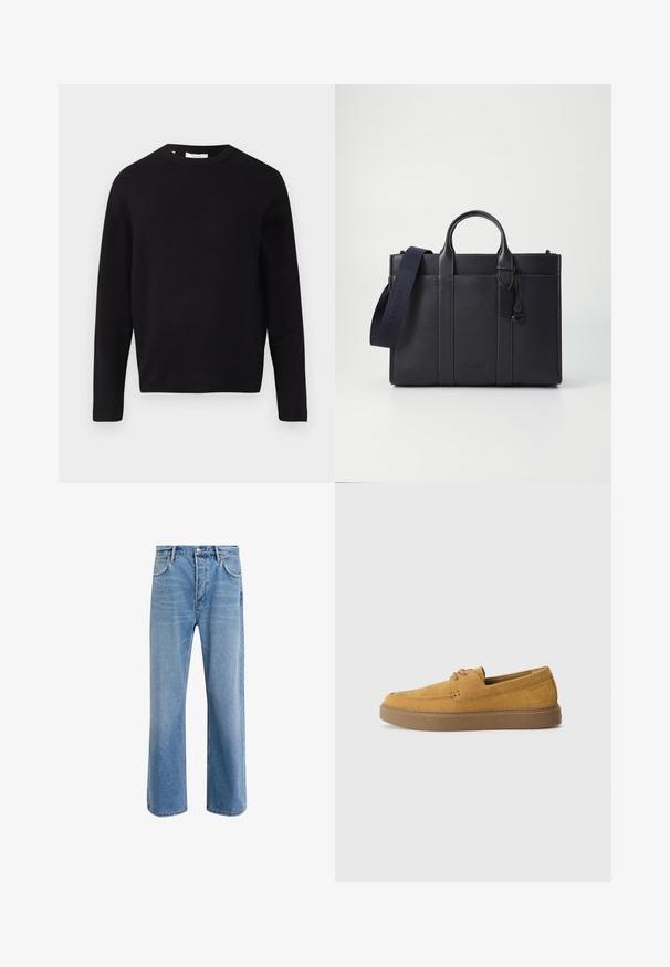 Czarny sweter dziany z okrągłym dekoltem, długimi rękawami i luźnym krojem. Gładka tekstura, minimalistyczny design, bez wzorów i ozdób.; Jasnoniebieskie dżinsy o prostym kroju, pięć kieszeni, zapięcie na guzik, minimalne blaknięcia i kontrastowe wykończenia szwów.; Brązowe zamszowe mokasyny o teksturowanym wykończeniu, okrągłym nosku i kontrastowej gumowej podeszwie. Zawierają subtelne oznaczenie w pobliżu pięty.; Ciemnogranatowa skórzana teczka z podwójnymi rączkami u góry i odpinanym paskiem. Posiada teksturowane wykończenie, pionowe przeszycia oraz detal z logo.