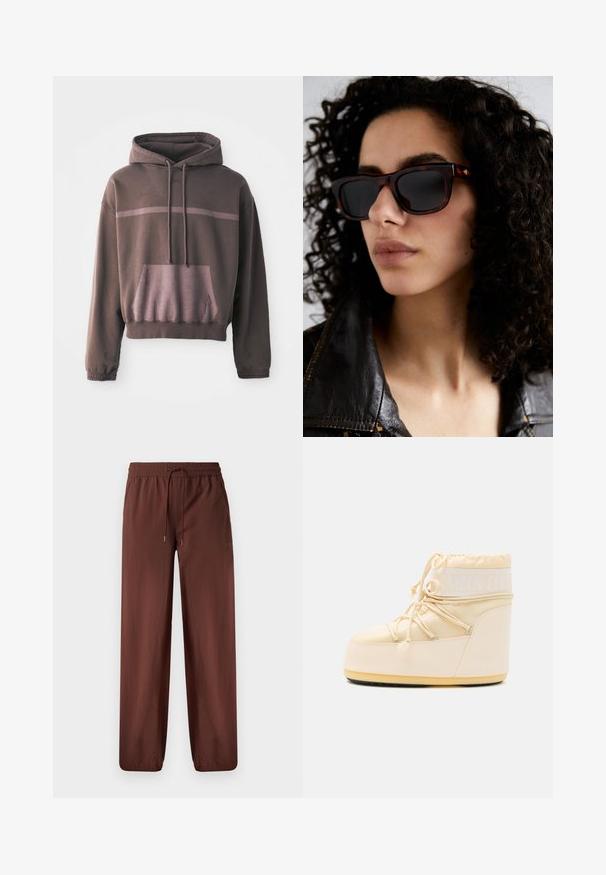 Rövid ujjú, oversized kapucnis pulcsi sötétbarna színben, világosbarna gradiencs csíkkal, elülső zsebbe és húzózsinórral. Puha pamut keverék anyag.; Barna, könnyű nadrág, gumis derékkal, húzózsinórral és szűkített lábaival. Simább textúra, zsebek nélkül, minimális márkajelzés.; Fény bézs színű Moon Boot, lekerekített orral, fűzőzárással és textúrált gumi talppal. Fehér márkázással és sima szintetikus anyagokkal rendelkezik.; Tortoise mintás napszemüveg sötét lencsékkel, téglalap alakú, arany díszítéssel a fülpántokon. Fekete bőrkabáttal viselve.