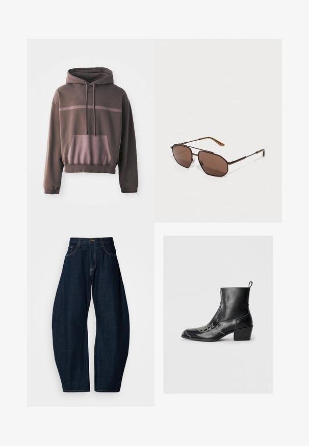 Lyhythihainen, ylisuuria huppari tummanruskeana, jossa on vaaleanruskea gradienttiraita, etutasku ja nauhakuulokkeet. Pehmeä puuvillasekoitekangas.; Tummansiniset farkut, joissa on leveä lahkeiden muotoilu, erkkeritikkaukset, viisi taskua ja messinkinen nappikiinnitys vyötäröllä.; Mustat nahkaiset nilkkurit, joissa on neliönmuotoinen kärki, koristeompeleet ja matala blokki korko. Varusteena vetonauha helppoa pukemista varten.; Ruskeat oktaaliset aurinkolasit ohuella mustalla metallikehyksellä, jota korostavat ruskeat temppelit. Tummat sävytetyt linssit tarjoavat UV-suojan.; Ruskea krokotiilien kuviollinen nahkakäsilaukku, jossa on yläkahvat ja irrotettava olkahihna. Ominaisuuksiin kuuluu solkilukko ja suorakulmainen muoto.