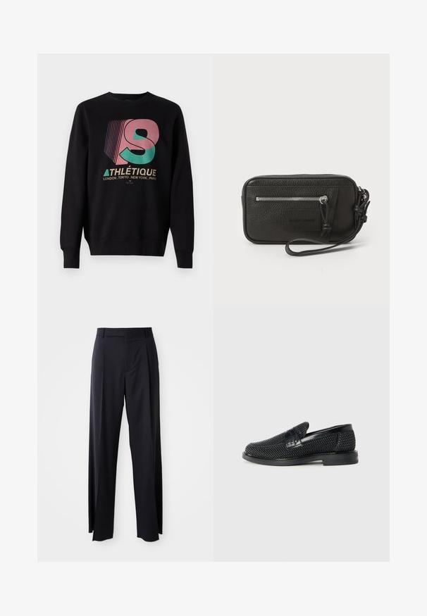 Felpa nera con polsini e orlo a costine. Presenta una grafica multicolore con la scritta “ATHLÉTIQUE” e nomi di città in bianco sotto.; Pantaloni neri a vita alta con gamba larga, realizzati in tessuto liscio. Presentano pieghe frontali e passanti per cintura. Design minimalista, senza hardware visibile.; Scarpa nera a mocassino intrecciata con un accentuato in pelle liscia sulla parte superiore, design a punta rotonda e suola in gomma a profilo basso.; Clutch nera in pelle con superficie testurizzata, tasca frontale con zip e tracolla rimovibile. Presenta una patch con logo sul davanti. Forma rettangolare.