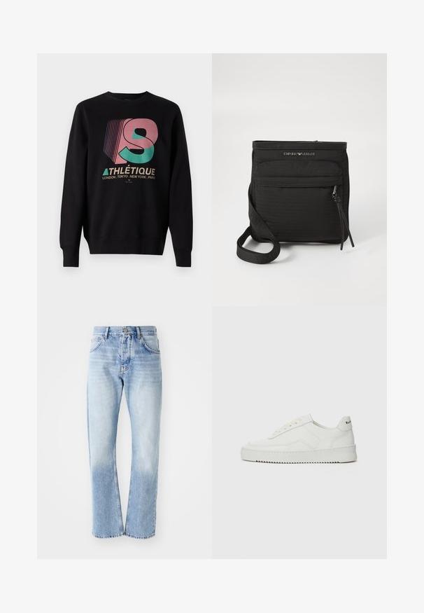 Felpa nera con polsini e orlo a costine. Presenta una grafica multicolore con la scritta “ATHLÉTIQUE” e nomi di città in bianco sotto.; Jeans in denim blu chiaro con taglio dritto. Presentano un design a cinque tasche, apertura con bottone e una texture sbiadita verso il fondo.; Sneaker in pelle bianca con una finitura liscia, punta rotonda, lacci piatti e suola testurizzata. Presenta un logo discreto sul tallone.; Borsa a tracolla nera Emporio Armani con tasca anteriore con zip, tracolla regolabile e dettaglio del logo su tessuto testurizzato.