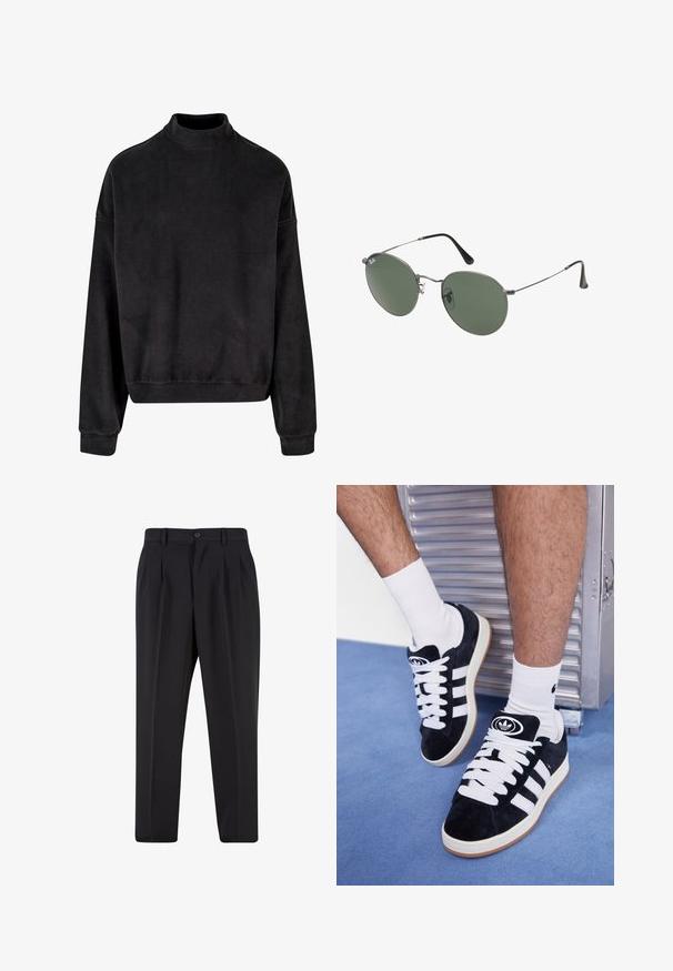 Fekete pulóver magas nyakkal, hosszú ujjakkal és laza szabással. Puha anyagból készült, sima textúrával és bordázott mandzsettákkal.; Fekete nadrág, pliszézett elejű dizájnnal, sima anyagból készült. Gombos záródás és övhurkok jellemzik; egyenes szabású.; Fekete velúr sportcipők fehér fűzőkkel és három fehér csíkkal. A nyelvén egy kör alakú fekete logó található, valamint egy gumis talp.; Fémkeretes napszemüveg ovális zöld lencsékkel. Vékony ezüst színű fémkeret és fekete fülrész. Minimalista dizájn, látható logók nélkül.