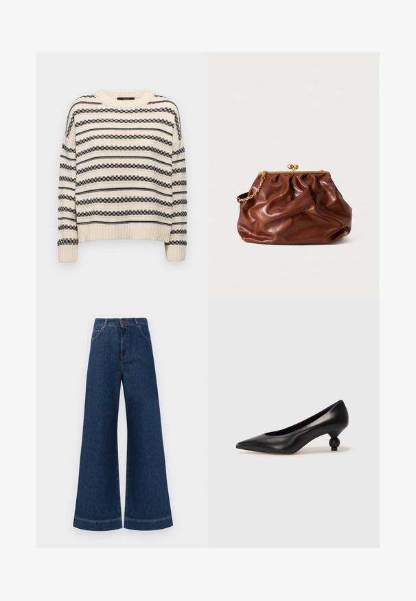 Maglione lavorato a maglia con una base color crema e strisce orizzontali blu scuro, dotato di collo a girocollo e polsini a costine, con una vestibilità morbida.; Jeans in denim blu a gamba larga con vita alta, dotati di chiusura a bottone, passanti per cintura e dettagli di cucitura sottili lungo le tasche e i orli.; Scarpa con tacco alto in pelle nera, con punta affilata e tacco arrotondato e bombato. Texture liscia con un design elegante e minimalista.; Borsa a mano in pelle marrone con chiusura dorata e manico a catena corto dorato, caratterizzata da una morbida texture arricciata su sfondo bianco.