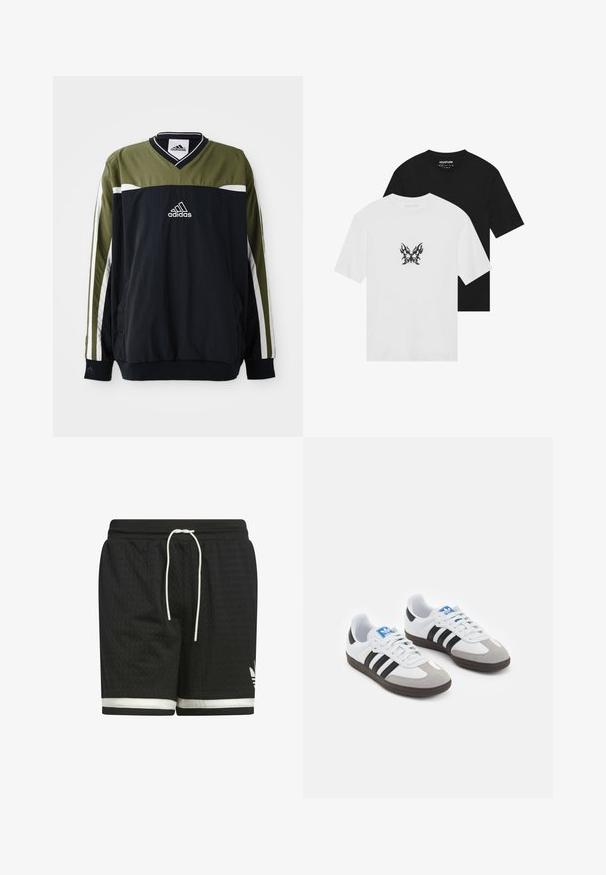 Pull-over Adidas en noir et vert olive, avec un col en V, des accents blancs et un logo au centre. Fabriqué en matériau léger.; T-shirts à manches courtes en noir et blanc, avec un motif de papillon en flammes sur le devant du t-shirt blanc. En coton.; Shorts de sport noirs en tissu maillé texturé. Dotés d'un cordon de serrage blanc et d'une bande blanche le long de l'ourlet. Logo Adidas en blanc.; Baskets avec une tige en cuir blanc, un bout en daim gris et trois bandes noires. Présente un logo bleu sur la languette et une semelle en caoutchouc texturée.