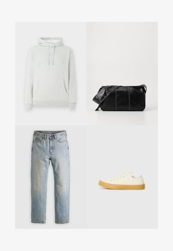 Hoodie cinza claro com capuz ajustável, bolso frontal, punhos e bainha canelados, com um logótipo subtil em relevo no peito.; T-shirt de manga curta de cor cinza claro, com decote redondo, exibido sobre um fundo branco, vista frontal, sem logótipos ou designs visíveis.; Jeans de ganga azul claro com cintura alta, fecho frontal, zipper e design de cinco bolsos, dispostos de forma plana sobre um fundo neutro.; Sapatilhas de tela em off-white com biqueira redonda, apresentando solas de borracha bege e cinco ilhós para atacadores, acabamento texturizado na parte superior.; Bolsa de ombro em couro preto com fecho em zíper, apresentando um corpo texturizado, costura branca e uma alça com ilhós prateados.