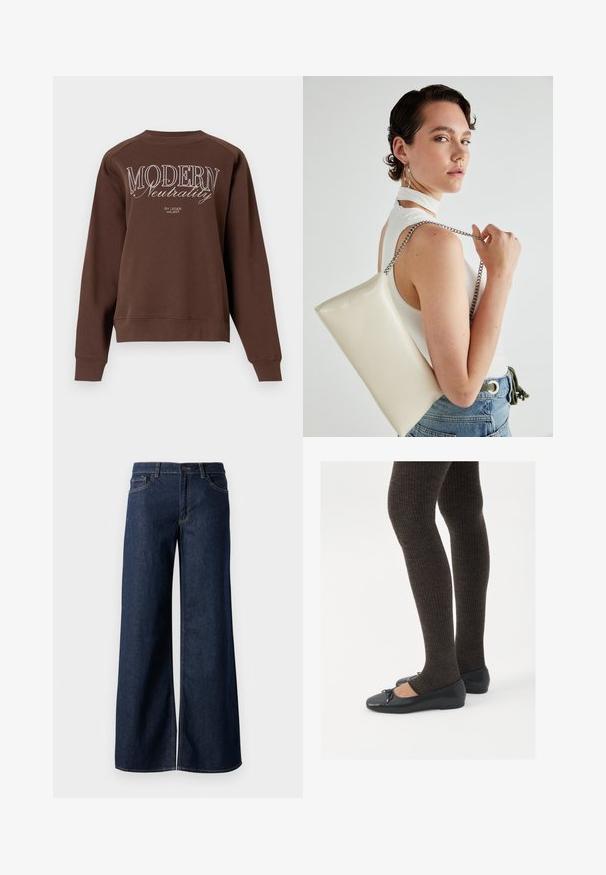 Brązowa bluza z okrągłym dekoltem, długimi rękawami oraz napisem "MODERN Neutrality" nadrukowanym na plecach w białym kolorze. Miękka tekstura materiału.; Jeansy z szerokimi nogawkami w ciemnoniebieskim denienie. Posiadają kontrastowe przeszycia, pięć kieszeni oraz zapięcie na guzik w talii. Gładka faktura.; Czarne płaskie buty z małym kokardkowym detalem na palcach, zestawione z ciemnobrązowymi rajstopami w prążki. Buty mają gładką teksturę i niski profil.; Biała prostokątna kopertówka wykonana z błyszczącego materiału, z srebrnym łańcuszkiem. Modelka pozuje, prezentując torebkę na jednolitym tle.
