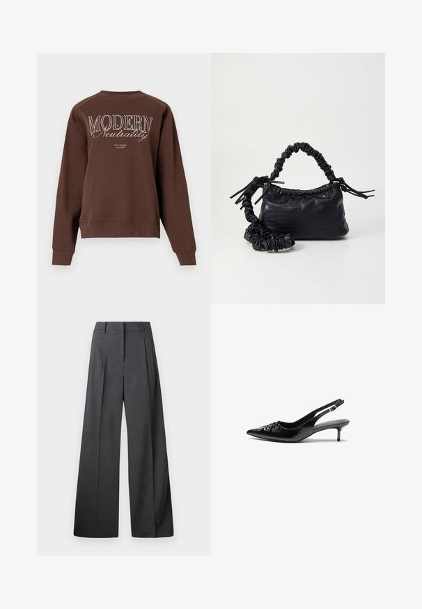 Felpa marrone con scollatura a girocollo, maniche lunghe e la scritta "MODERN Neutrality" stampata in bianco sul retro. Tessuto morbido.; Pantaloni a gamba larga in tessuto grigio scuro, con vita alta, pieghe singole e una texture liscia con una finitura pulita sui orli.; Tacchi slingback in pelle nera con punta affusolata, piccolo tacco kitten e un dettaglio a nodo decorativo sulla parte anteriore. Texture liscia su tutta la superficie.; Borsa a tracolla in ecopelle nera con texture a coccodrillo, apertura cinchata e tracolla arricciata. Si presenta con un design morbido e compatto.