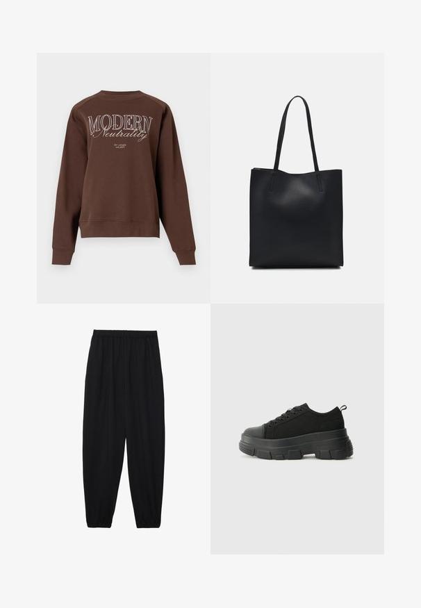 Hanorac maro cu guler rotund, mâneci lungi și textul "MODERN Neutrality" imprimat în alb pe spate. Textură moale a materialului.; Pantaloni negri, ușori, cu un brâu elastic și tivuri strânse. Materialul este neted și are un design relaxat, conic.; Adidași negri cu talpă groasă din cauciuc, superior din material texturat, bot rotund și design cu șireturi. Include gauri întărite pentru șireturi și o buclă pe spate.; Geantă tote neagră din piele, cu textură netedă, formă rectangulară și două mânere lungi. Fără hardware vizibil sau ornamente.