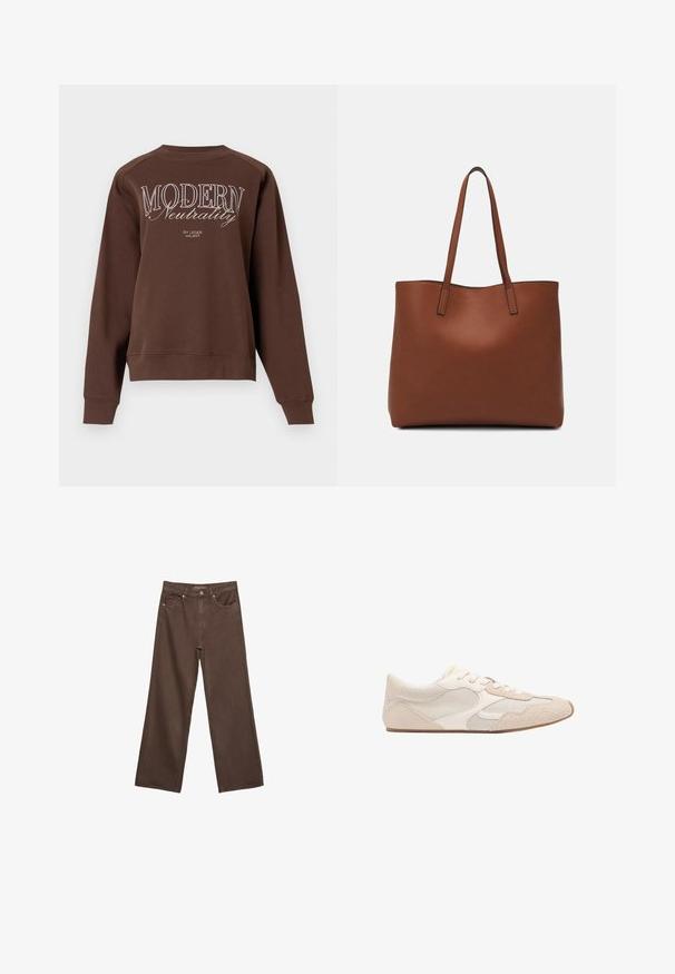 Brun sweatshirt med rundad halsringning, långa ärmar och texten "MODERN Neutrality" tryckt i vitt på baksidan. Mjuk tygtextur.; Breda bruna jeans i denim med hög midja, framfickor och klassisk knäppning. Slät textur med subtil sömnad.; Beige träningsskor med en blandning av nät och mockamaterial, rundad tå och snörning. Texturerade detaljer på ovandelen förbättrar greppet.; Brun läder tote-väska med en slät textur, öppen toppdesign och två axelremmar. Har minimal söm och ingen synlig metalldetalj.