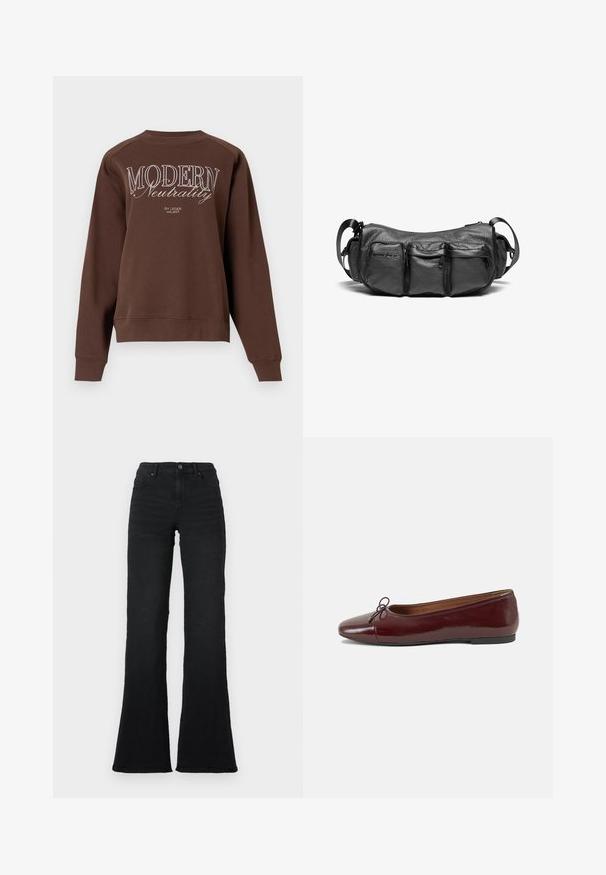 Sudadera marrón con cuello redondo, mangas largas y el texto "MODERN Neutrality" impreso en blanco en la parte posterior. Tejido de textura suave.; Jeans de mezclilla negros de cintura alta y pierna acampanada con bolsillos frontales, trabillas y cierre de botón sobre un fondo blanco.; Bailarina de charol burdeos con punta redonda, pequeño lazo en la parte frontal y una suela baja de goma negra. Textura suave.; Bolso cruzado de cuero negro con un acabado texturizado. Presenta tres bolsillos exteriores y una correa ajustable. Forma compacta y redondeada.